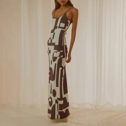 Women’s Maxi Dress – Bodycon Fit – Spaghetti Strap – Abstract Print – Stretch Fabric