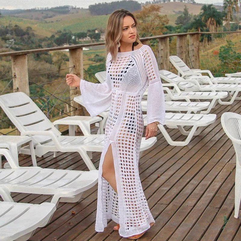 Women’s Cover-Up Dress – Soft Knit – Flowy Fit – Long Sleeve – High Slit – Breathable