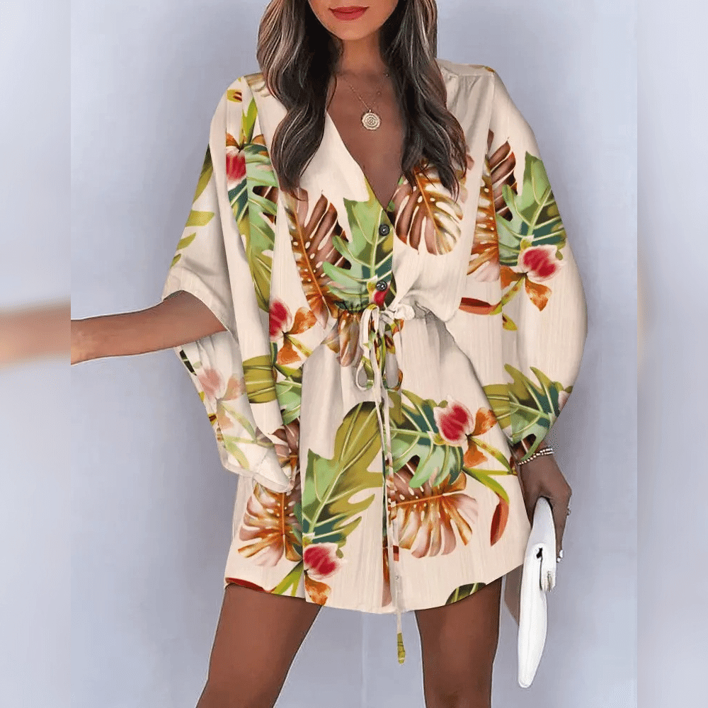 Women's Floral Dress - V-Neck Button Down - Drawstring Waist - Kimono Sleeve Casual Wear