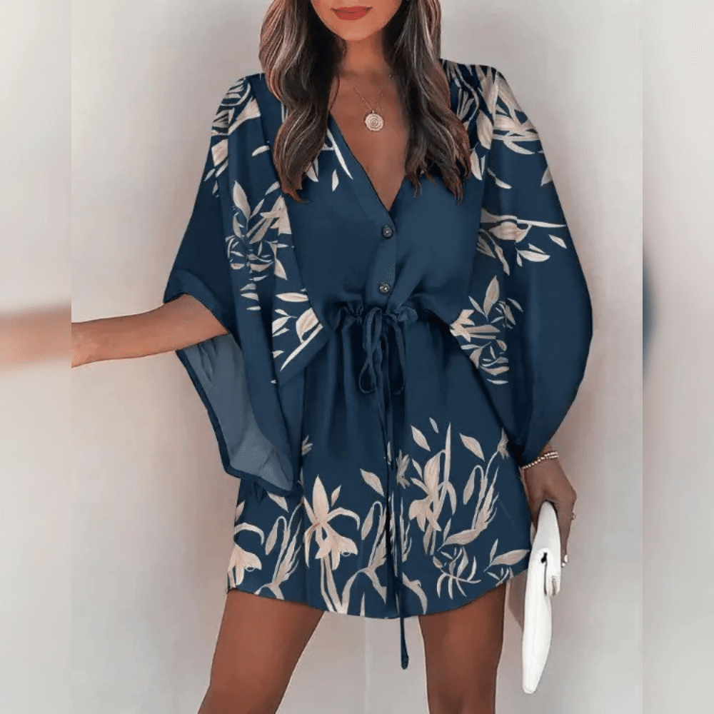 Women's Floral Dress - V-Neck Button Down - Drawstring Waist - Kimono Sleeve Casual Wear