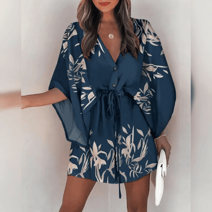 Women's Floral Dress - V-Neck Button Down - Drawstring Waist - Kimono Sleeve Casual Wear