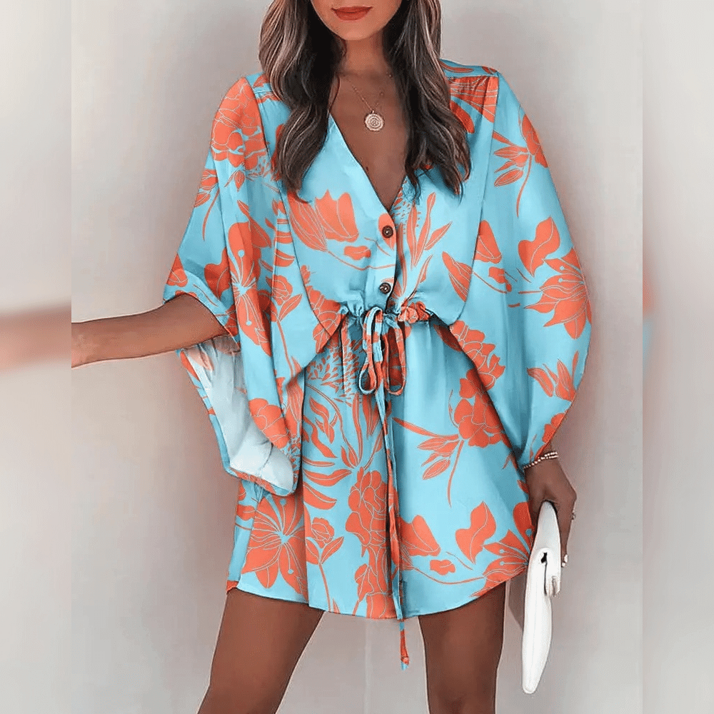 Women's Floral Dress - V-Neck Button Down - Drawstring Waist - Kimono Sleeve Casual Wear