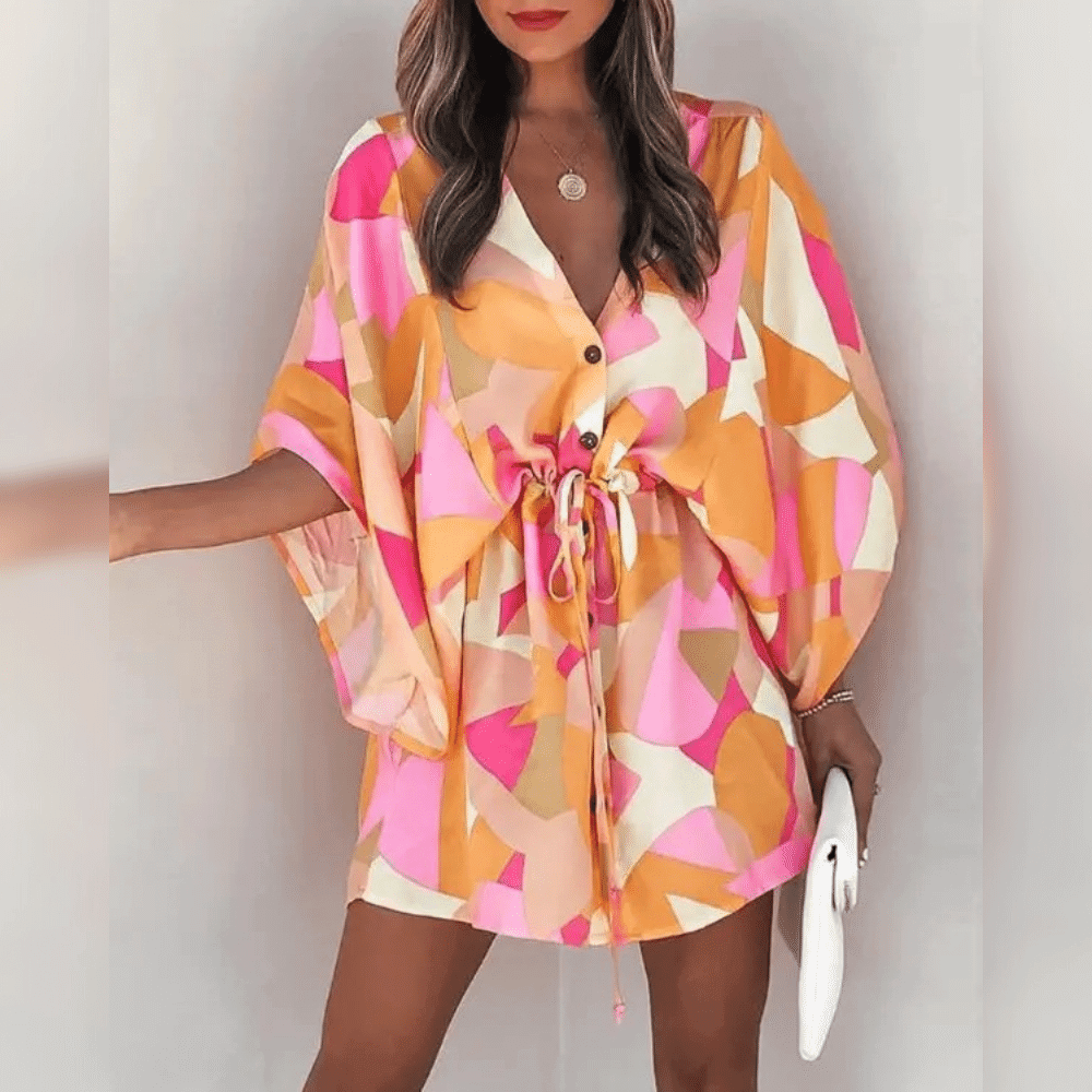 Women's Floral Dress - V-Neck Button Down - Drawstring Waist - Kimono Sleeve Casual Wear