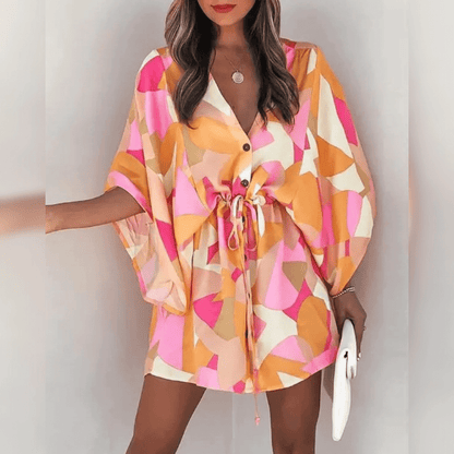 Women's Floral Dress - V-Neck Button Down - Drawstring Waist - Kimono Sleeve Casual Wear