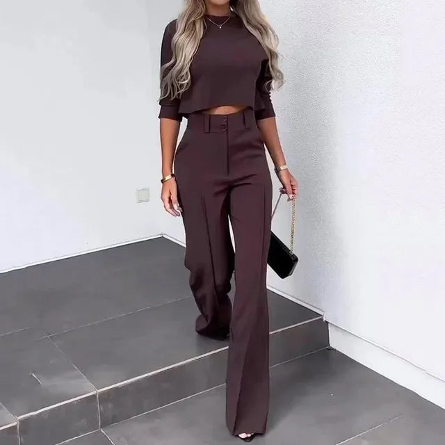 Women’s Two-Piece Set – Tailored Crop Top – Wide-Leg – High-Waisted Trousers – Breathable Fit