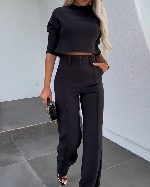 Women’s Two-Piece Set – Tailored Crop Top – Wide-Leg – High-Waisted Trousers – Breathable Fit
