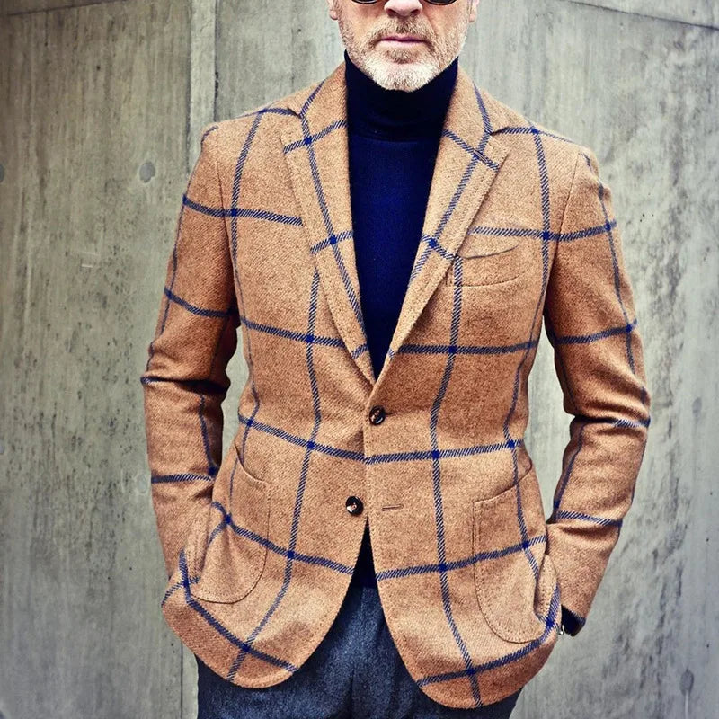 Men’s Blazer – Tailored Fit – Windowpane Check – Single-Breasted – Notch Lapel – Patch Pockets