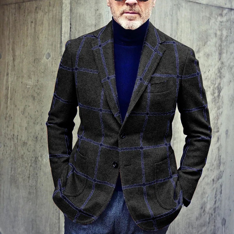 Men’s Blazer – Tailored Fit – Windowpane Check – Single-Breasted – Notch Lapel – Patch Pockets