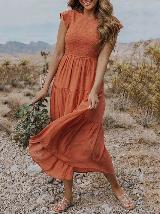 Women's Maxi Dress - Smocked Bodice - Cap Sleeves - Tiered Flowing Skirt - Lightweight Fit