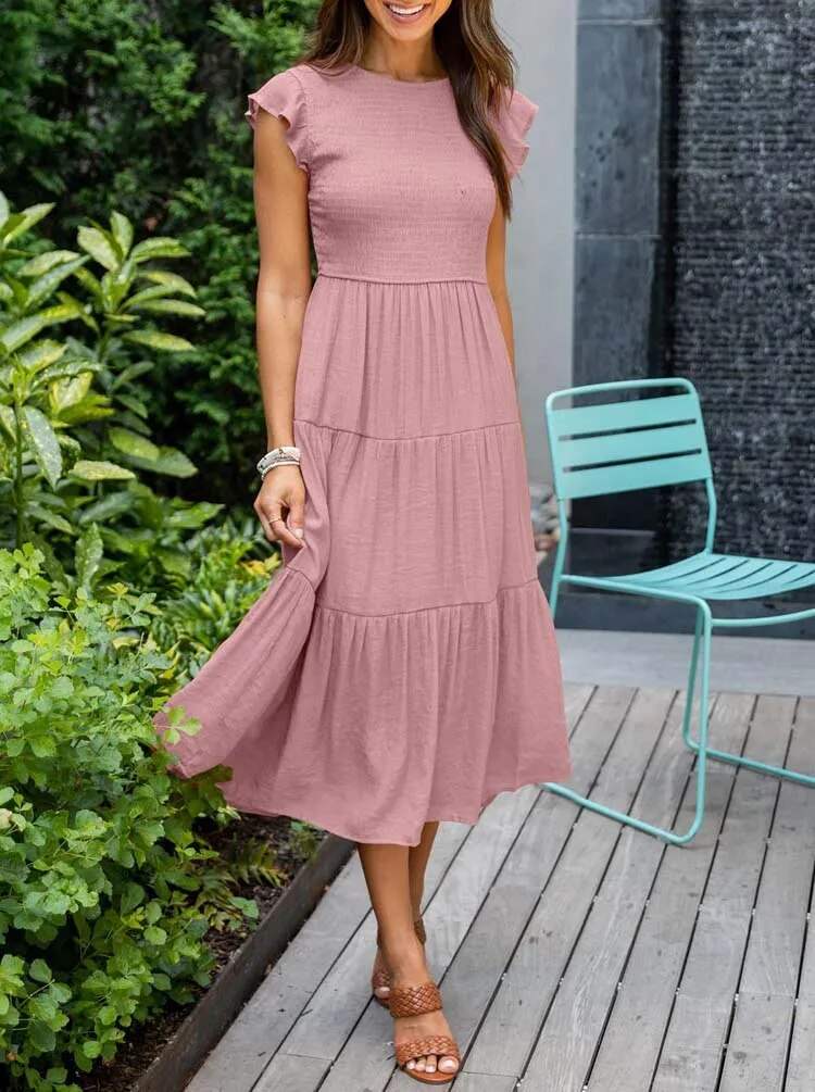Women's Maxi Dress - Smocked Bodice - Cap Sleeves - Tiered Flowing Skirt - Lightweight Fit