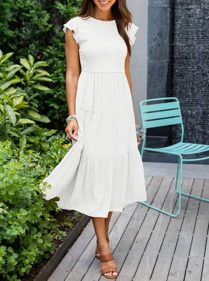 Women's Maxi Dress - Smocked Bodice - Cap Sleeves - Tiered Flowing Skirt - Lightweight Fit