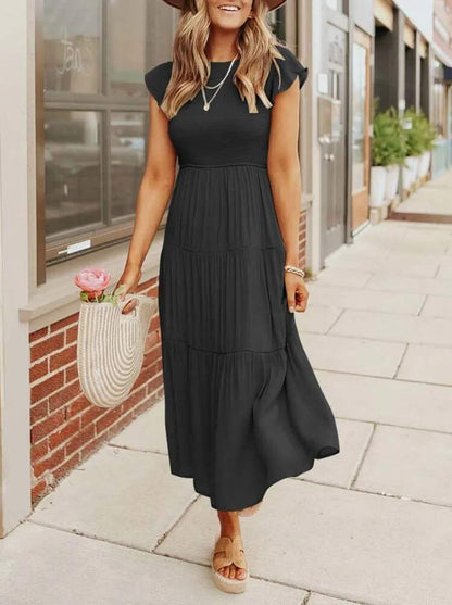 Women's Maxi Dress - Smocked Bodice - Cap Sleeves - Tiered Flowing Skirt - Lightweight Fit