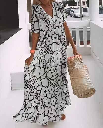 Women’s Maxi Dress – Relaxed Fit – Short Sleeve – Deep V-Neck – Breathable Blend