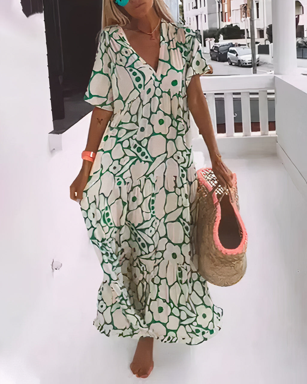Women’s Maxi Dress – Relaxed Fit – Short Sleeve – Deep V-Neck – Breathable Blend