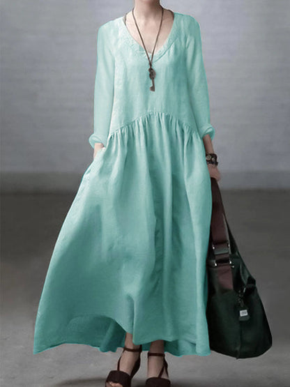 Women’s Maxi Dress – Natural Fibers – Relaxed Fit – V-Neck – Long Sleeve Flowing Style