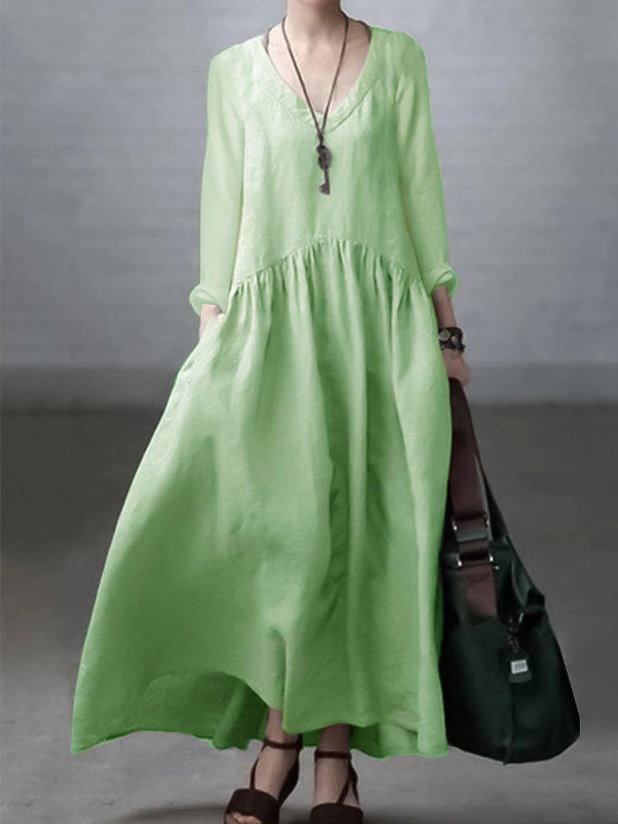 Women’s Maxi Dress – Natural Fibers – Relaxed Fit – V-Neck – Long Sleeve Flowing Style