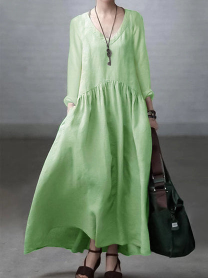 Women’s Maxi Dress – Natural Fibers – Relaxed Fit – V-Neck – Long Sleeve Flowing Style