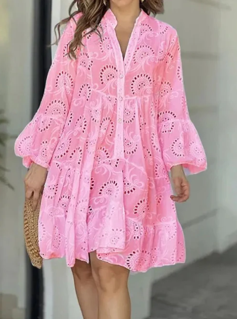 Women's Eyelet Dress - Button-Up Tiered A-Line - 3/4 Sleeve Boho Style