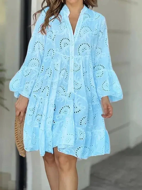 Women's Eyelet Dress - Button-Up Tiered A-Line - 3/4 Sleeve Boho Style