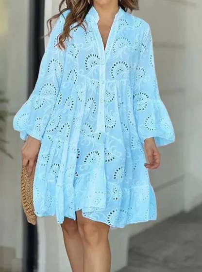 Women's Eyelet Dress - Button-Up Tiered A-Line - 3/4 Sleeve Boho Style