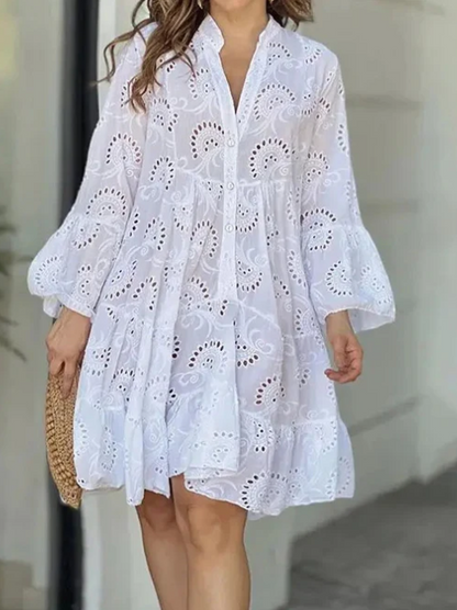 Women's Eyelet Dress - Button-Up Tiered A-Line - 3/4 Sleeve Boho Style