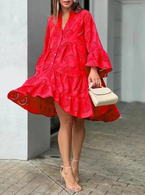 Women's Eyelet Dress - Button-Up Tiered A-Line - 3/4 Sleeve Boho Style