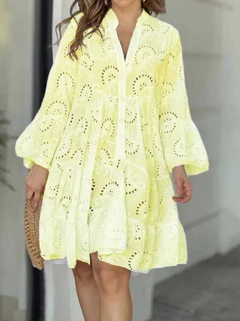 Women's Eyelet Dress - Button-Up Tiered A-Line - 3/4 Sleeve Boho Style
