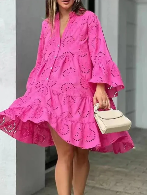 Women's Eyelet Dress - Button-Up Tiered A-Line - 3/4 Sleeve Boho Style