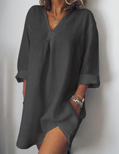 Women's Tunic Dress - 100% Cotton Linen - Loose Fit - 3/4 Sleeve V-Neck with Pockets
