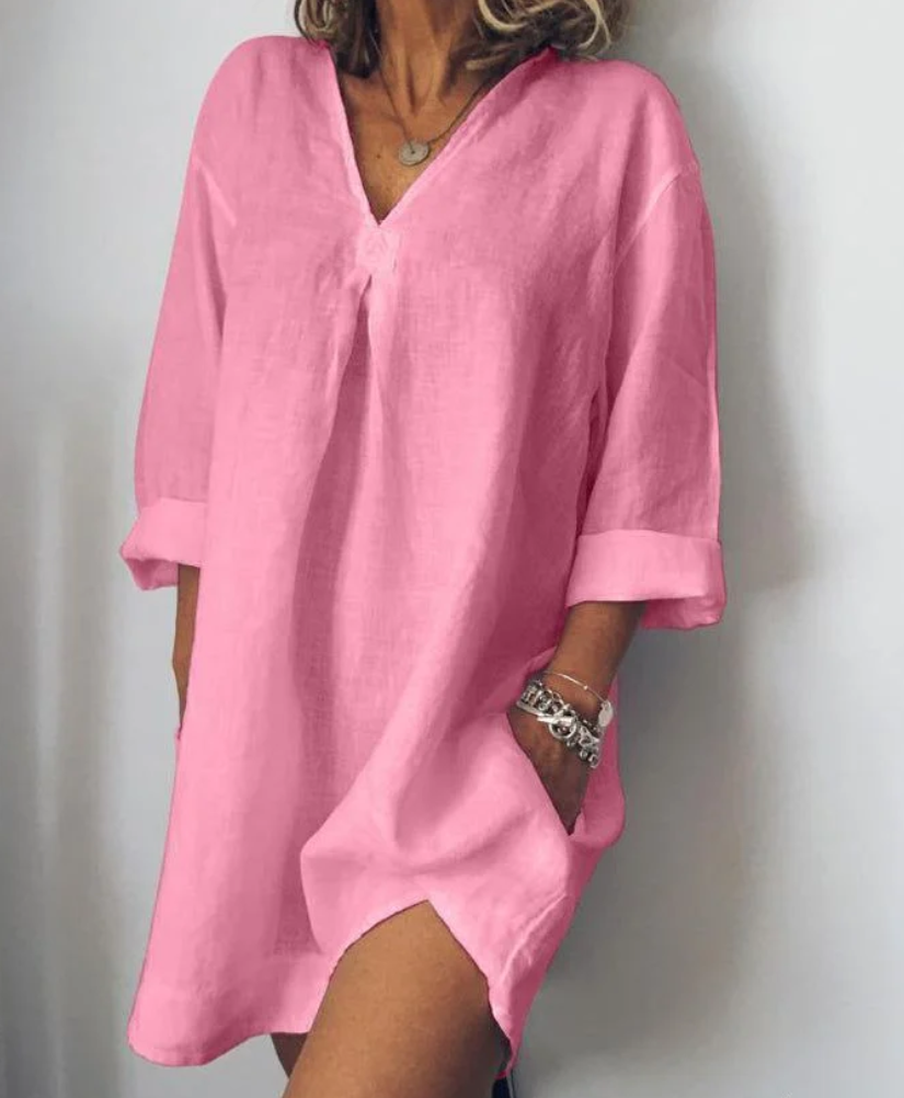 Women's Tunic Dress - 100% Cotton Linen - Loose Fit - 3/4 Sleeve V-Neck with Pockets