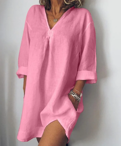 Women's Tunic Dress - 100% Cotton Linen - Loose Fit - 3/4 Sleeve V-Neck with Pockets