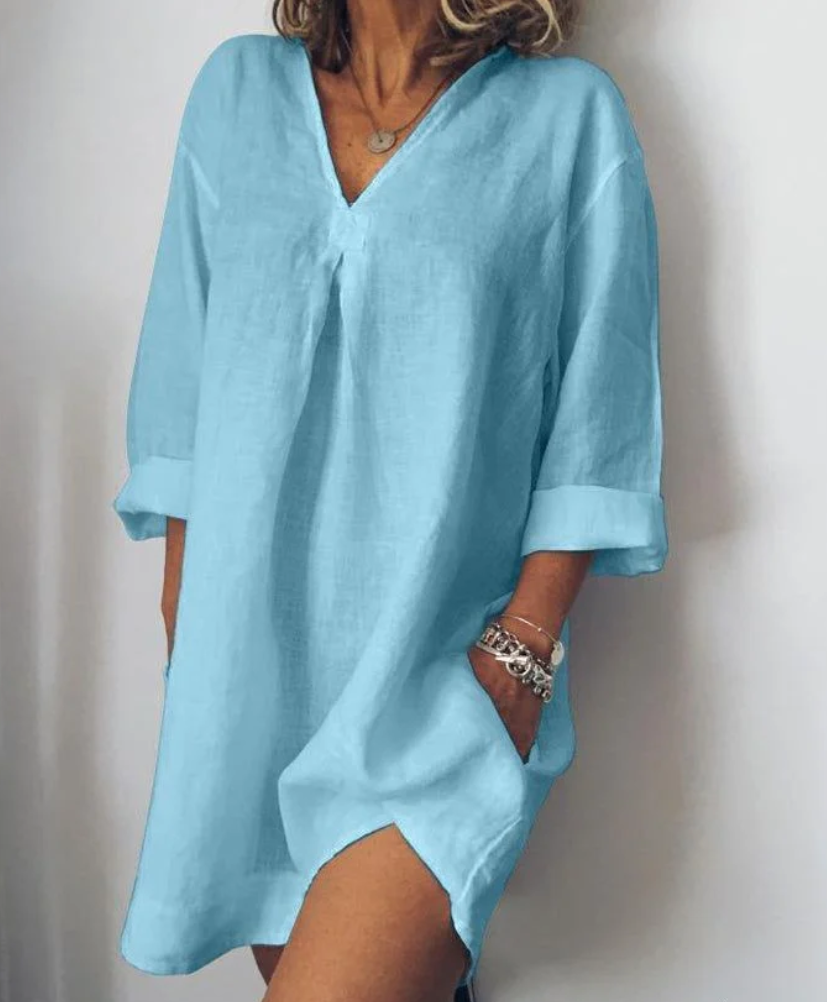 Women's Tunic Dress - 100% Cotton Linen - Loose Fit - 3/4 Sleeve V-Neck with Pockets