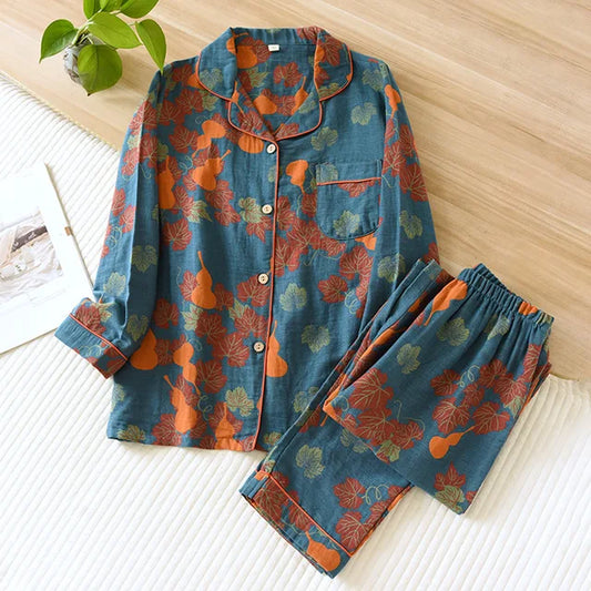Women’s Pajama Set – Relaxed Fit – Button-Up Top – Full Length Pants
