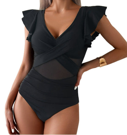 Women’s One-Piece Swimsuit – Deep V-Neck – Ruffle Sleeve – Mesh Panels – Criss-Cross Fit