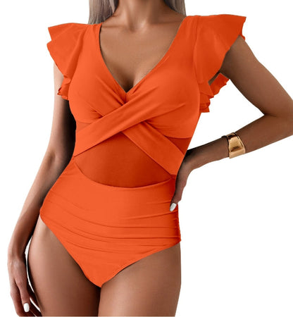 Women’s One-Piece Swimsuit – Deep V-Neck – Ruffle Sleeve – Mesh Panels – Criss-Cross Fit