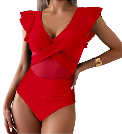 Women’s One-Piece Swimsuit – Deep V-Neck – Ruffle Sleeve – Mesh Panels – Criss-Cross Fit