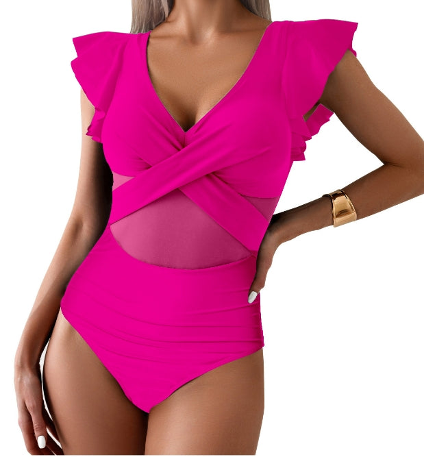 Women’s One-Piece Swimsuit – Deep V-Neck – Ruffle Sleeve – Mesh Panels – Criss-Cross Fit