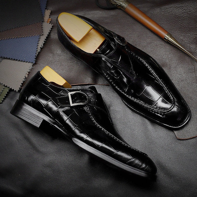 Men’s Monk Strap Shoes – Polished Leather – Embossed Pattern – Square Toe Formal