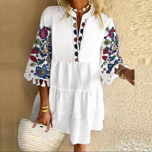 Women's Tunic Dress - Loose Fit - Split V-Neck - 3/4 Sleeve Boho Style