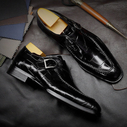 Men’s Monk Strap Shoes – Polished Leather – Embossed Pattern – Square Toe Formal