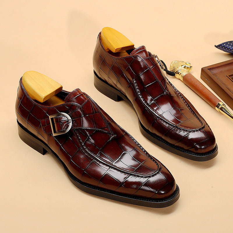 Men’s Monk Strap Shoes – Polished Leather – Embossed Pattern – Square Toe Formal