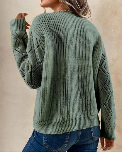 Women’s Sweater – Relaxed Fit – Soft Knit – V-Neck Lace Trim – Diamond Sleeve Detail