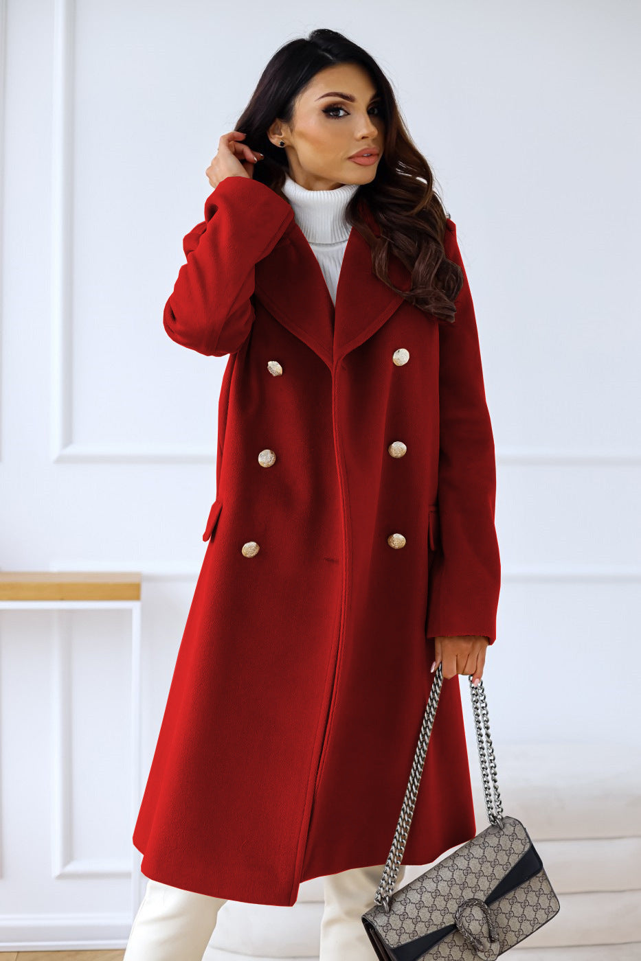 Women’s Wool Coat – Tailored Fit – Double Breasted – Full Length – Classic Lapel
