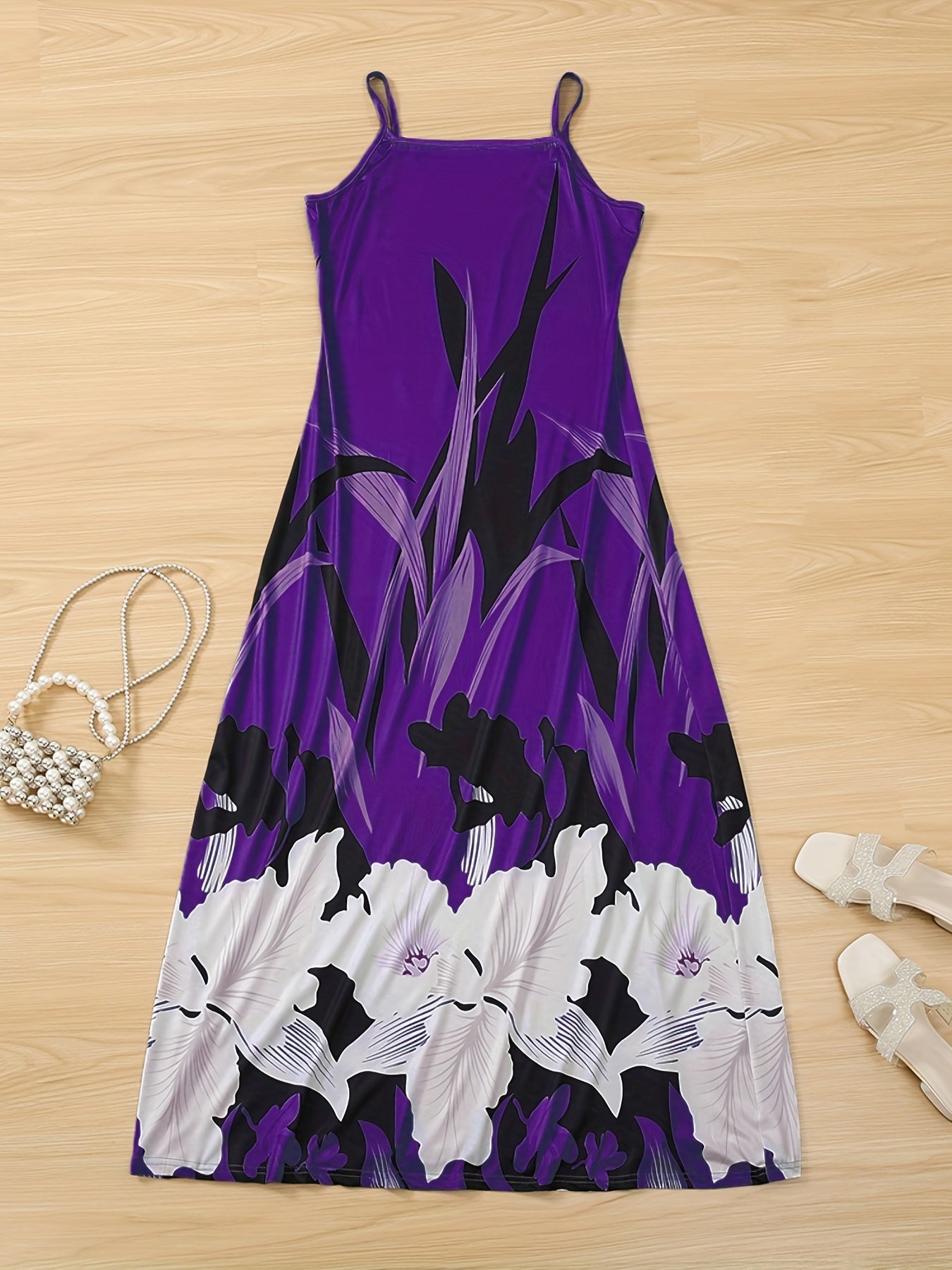 Women's Maxi Dress - Sleeveless Thin Straps - Floral Print - Flowing A-Line Fit