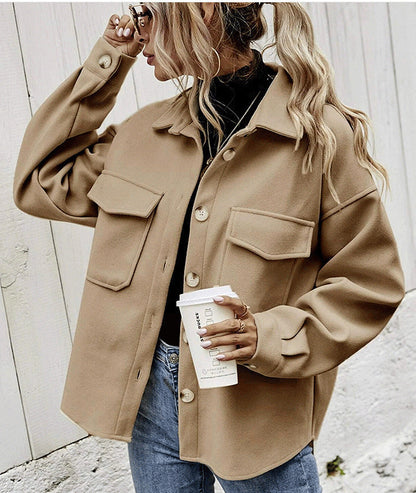 Women’s Oversized Jacket – Wool Blend – Button Front – Boxy Fit – Flap Pockets