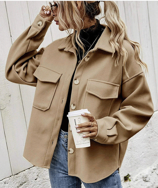 Women’s Oversized Jacket – Wool Blend – Button Front – Boxy Fit – Flap Pockets