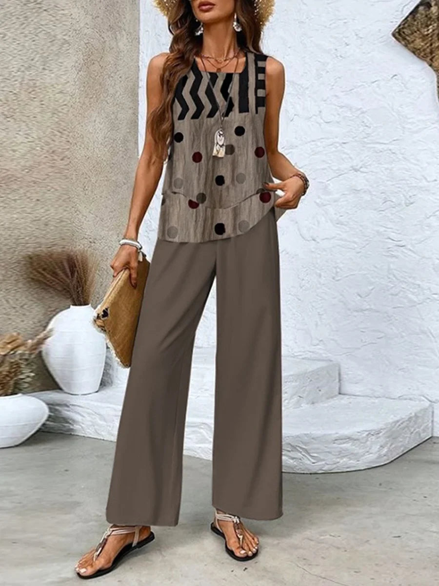 Women’s Two-Piece Set – Sleeveless Top and Wide-Leg Pants – Breathable Blend – Relaxed Fit