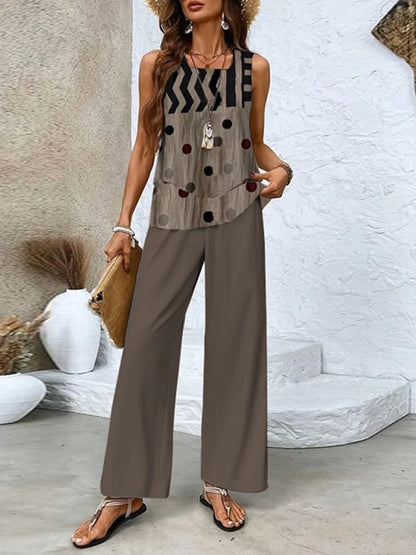 Women’s Two-Piece Set – Sleeveless Top and Wide-Leg Pants – Breathable Blend – Relaxed Fit