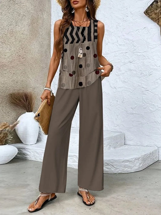 Women’s Two-Piece Set – Sleeveless Top and Wide-Leg Pants – Breathable Blend – Relaxed Fit