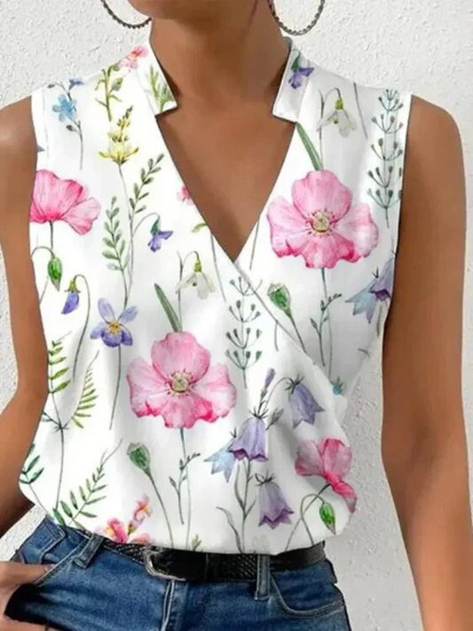 Women’s Sleeveless Top – Tailored Fit – V-Neck Wrap Front – Floral Print – Breathable Blend